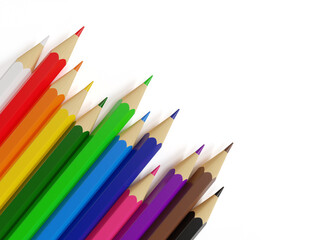 Colored pencils with copy space isolated on white background. 3d illustration.