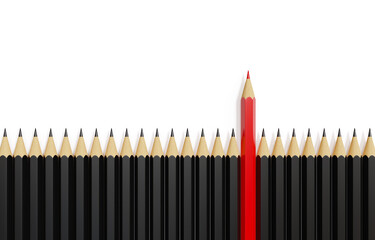 Red different, unique and standing out of the crowd pencil. 3d rendering.