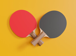 Red and black rackets for table tennis on yellow background. Ping pong sports equipment. 3d illustration.