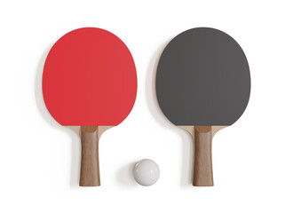 Red and black rackets for table tennis with white ball isolated on white background. Ping pong sports equipment. 3d illustration.