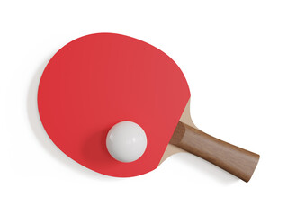 Red rackets for table tennis with white ball isolated on white background. Ping pong sports equipment. 3d illustration.