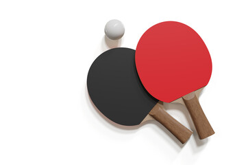 Red and black rackets for table tennis with white ball isolated on white background. Ping pong sports equipment. 3d illustration.