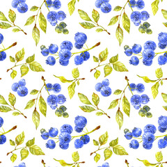Blueberry seamless pattern. Green leaves and ripe berries on white background. Watercolor illustration