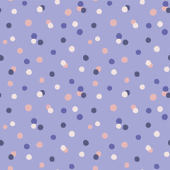 Very peri polka dot pattern. Seamless dotted pattern violet circles. Confetti lily abstract graphic repeated background. Hand drawn geometric repeated paper Birthday. Cute polka dots illustration. - obrazy, fototapety, plakaty