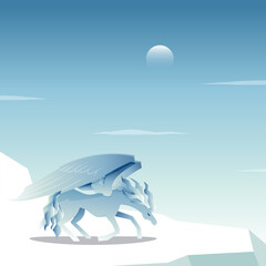 Beautiful Pegasus Winged Horse Kneel on Frozen Ice Snow Cool Epic Illustration