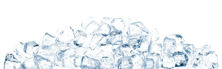 Heap of blue toned ice cubes on white wide background. Ice tray.