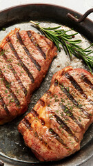 Grilled steak on light background. Homemade food concept.