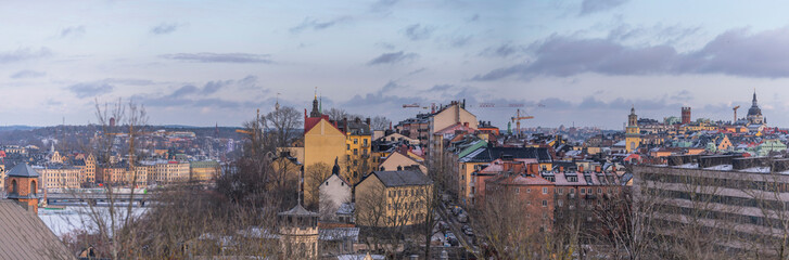 Panorama view over parts of the old houses, towers and buildings in the district Södermalm and...