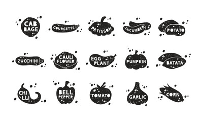 Garden vegetables, grunge stickers collection. Cabbage, cucumber, pumpkin, corn, potato, zucchini, pepper. Black texture silhouette, lettering inside. Imitation of stamp with scuffs - 484569528
