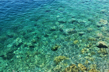 Naklejka na ściany i meble beautiful background of transparent sea with rocky bottom