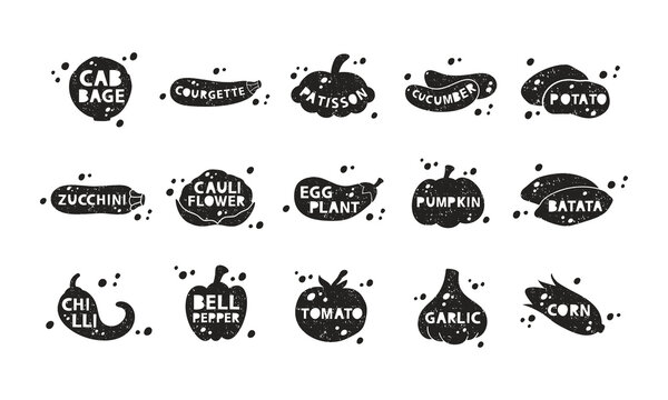 Garden vegetables, grunge stickers collection. Cabbage, cucumber, pumpkin, corn, potato, zucchini, pepper. Black texture silhouette, lettering inside. Imitation of stamp with scuffs