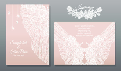 invitation template. Lace, wing, pomegranate flowers