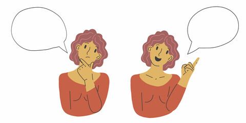 Idea, insight, finding solution. Thoughtful person. Thinking woman. Choice of options. Cartoon hand drawn character. Options to choose from. Stock vector flat illustration portrait isolated.