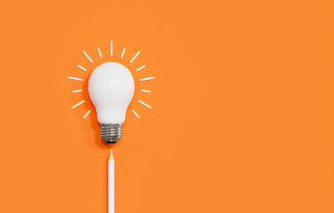 Light bulb and pencil on orange background, business creativity and inspiration concepts, motivation for success.think big ideas, 3d rendering