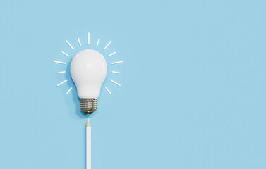 Light bulb and pencil on blue background, business creativity and inspiration concepts, motivation for success.think big ideas, 3d rendering