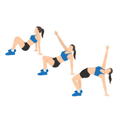 Obraz na płótnie Canvas Woman doing bridge and twist exercise. Flat vector illustration isolated on white background