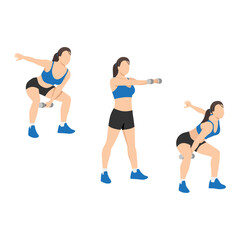 Woman doing alternating dumbbell swing exercise. Flat vector illustration isolated on white background