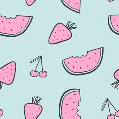Hand drawn seamless pattern with summer fruits for print, textile, wallpaper. Kids decorative background.