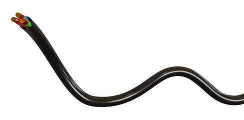 Flexible Three-wire electrical cable isolated on white background. Copper multicore cable in color insulation. Close-up of the cross section. Curved power wire. 3D rendering.