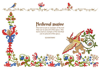 Floral and animal vintage Medieval illuminati manuscript inspiration. Romanesque style. Template for greeting card, banner, gift voucher, label. Vector illustration. - obrazy, fototapety, plakaty