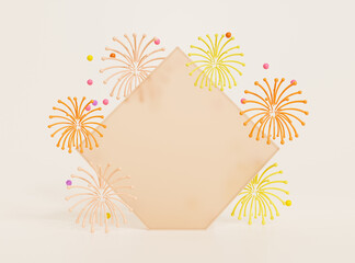 Happy new year fireworks on orange pastel background with copy space, 3d rendering.
