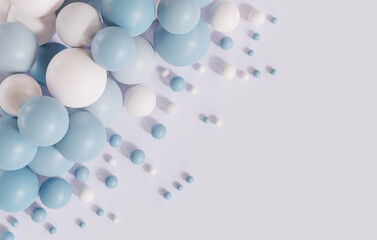 Blue and white balloons with copy space on pastel color background, Valentine day and birthday concept, 3D rendering.