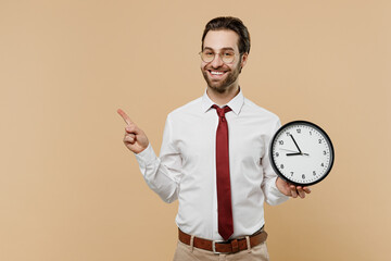 Young successful employee business man corporate lawyer 20s wear white shirt red tie glasses work...