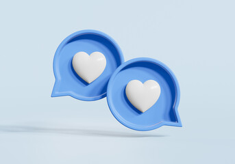 Two blue heart bubble talk social media notification or comment sign symbol on pastel background. 3d illustration.