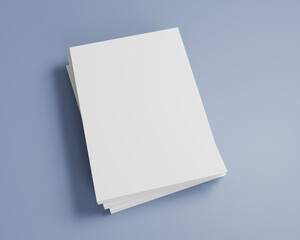 Blank mock-up paper brochure magazine isolated on blue background, 3D rendering.