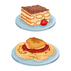 Italian food traditional dishes set. Tiramisu and pasta served on plates vector illustration