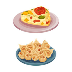 Italian food traditional dishes set. Frittata and tagliatelle served on plates vector illustration