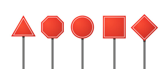 Red blank road sign isolated set. Direction traffic signs boards on metal stand vector collection