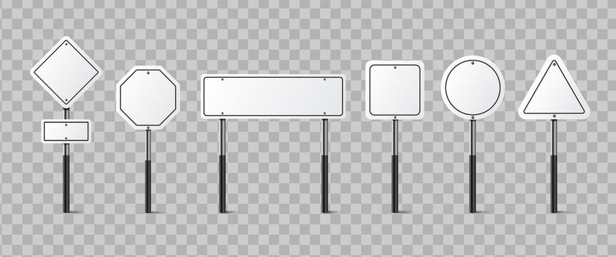 Set Of White Blank Road Sign Isolated. Direction Traffic Signs Boards On Metal Stand, Empty Pointer Post And Directing Signboard