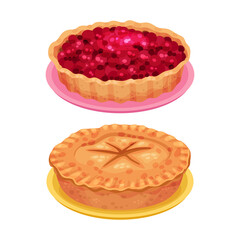 Sweet homemade pies set. Delicious tasty dessert with cranberry vector illustration