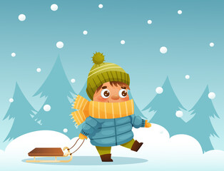 Naklejka premium A boy carries a sled in winter against the backdrop of snow and fir trees. Vector illustration for designs, prints and patterns. Vector illustration