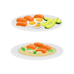 Tasty seafood dishes set. Salmon fish served on plates with egg, vegetables and rice vector illustration