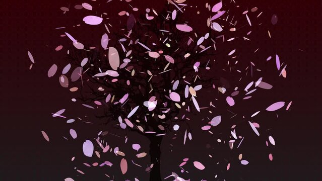 舞い落ちる桜の花びら模様アニメーション　赤い背景　　　
木枝のシルエット　ループ素材