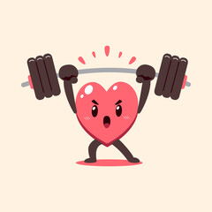 Cartoon heart character doing barbell weight training for design.