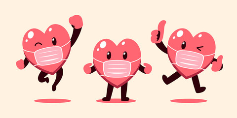 Set of vector cartoon cute heart character wearing protective mask for design.