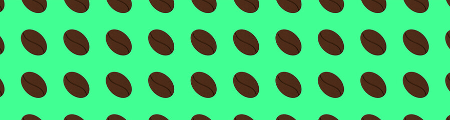 Drawing of images of coffee beans on the background of the color of green mint. template for overlaying on the surface. pattern. Banner for insertion into site.3D rendering. 3D image