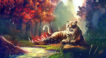 Tiger in forest laying by the water