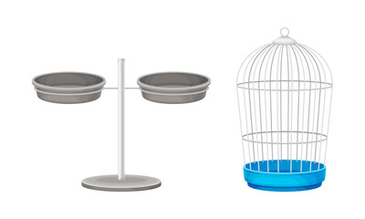Food bowls for dogs and cage. Accessory for pet animals cartoon vector illustration