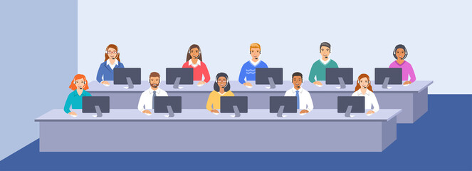 Call center customer care operators team with headsets at the desks in office. Flat vector illustration. Customer support service agents, men and women, talking with clients. Contact center assistants