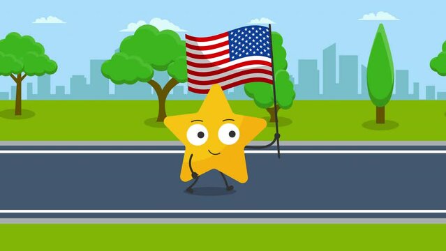 Cute star Character with usa flag Animation. 4K video motion animation.