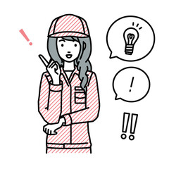 立って素晴らしいアイデアをひらめいた作業員の女性 フキダシに電球と感嘆符のセット