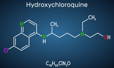 Hydroxychloroquine molecule. It is antimalarial medication used to treat malaria, COVID-19, rheumatoid arthritis, lupus erythematosus. Structural chemical formula on the dark blue background