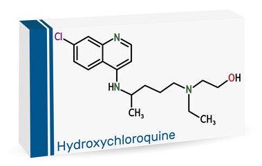 Hydroxychloroquine molecule. It is antimalarial medication used to treat malaria, COVID-19, rheumatoid arthritis, lupus erythematosus. Skeletal chemical formula. Paper packaging for drugs