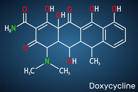 Doxycycline molecule. It is broad-spectrum tetracycline antibiotic used to treat a wide variety of bacterial infections. Structural chemical formula on the dark blue background