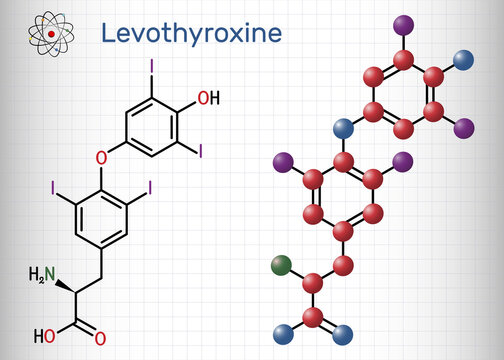 Levothyroxine, L-thyroxine molecule. It is synthetic form of the thyroid hormone thyroxine, T4 hormone, used to treat hypothyroidism. Sheet of paper in a cage
