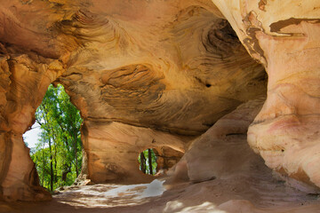 Views of the forest through an archway from inside sandstone caves in Pilliga Nature Reserve, near...